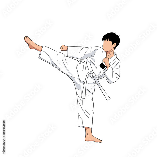 A young man in a white dobok executes a powerful high kick in a taekwondo pose.