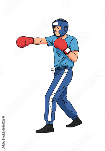 A male boxer in blue headgear and red gloves practices his jab during a training session.
