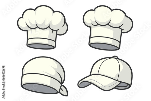 Chef hat collection vector set. Kitchen headwear with toque, baker bandana, and cook cap. Culinary professional uniform accessory for restaurant or bakery staff icon design.