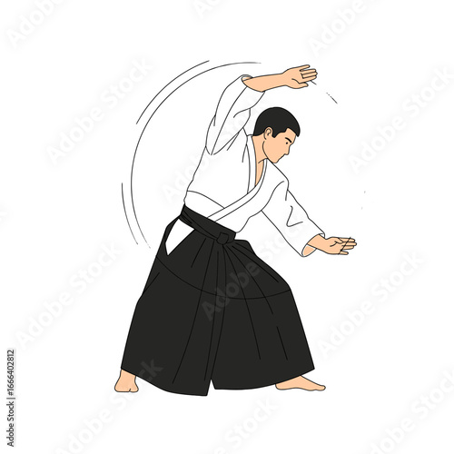 Aikido practitioner demonstrating a circular movement, showcasing a defensive technique in a training session.