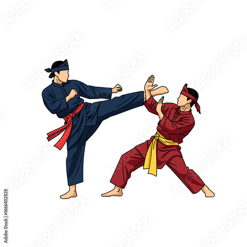 Two martial artists demonstrating a dynamic kick and block.