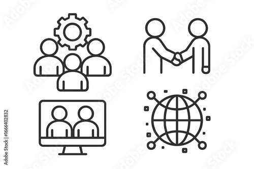 Set of business collaboration line icons. Teamwork, partnership, and global connectivity concepts. Online meeting, remote work, handshake deal, and management symbols. Vector.