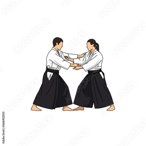 Two individuals in Aikido practice, demonstrating a defensive technique with focused interaction.