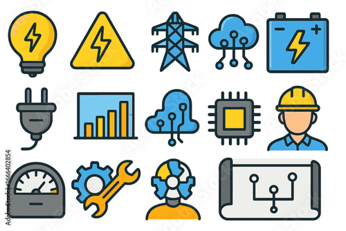 Energy, technology, and engineering icon set. Vector symbols for power, electricity, data, and industry. Includes lightbulb, battery, power grid, cloud computing, CPU, AI, and worker.