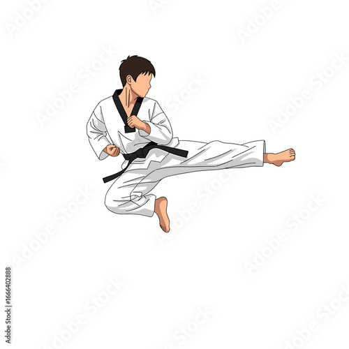 A young person practicing a high kick in taekwondo.