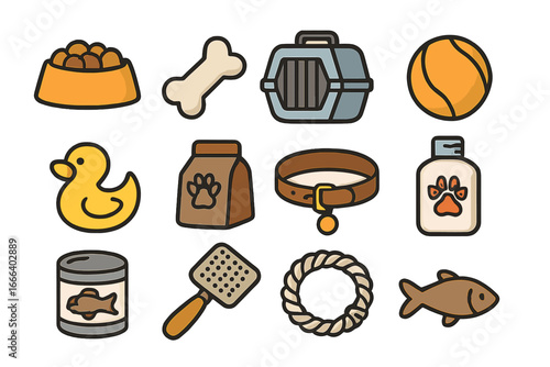 Pet shop icon collection. Vector set of cartoon dog and cat supplies. Essential animal care items like food, bone, toys, grooming brush, collar, and carrier for vet clinic.