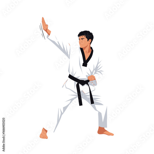 A male taekwondo practitioner in a dynamic fighting stance.