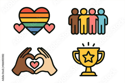 Diversity and inclusion icon set. Pride month celebration with rainbow heart. Racial equality, community, and teamwork. Interracial love hands. Achievement trophy vector.