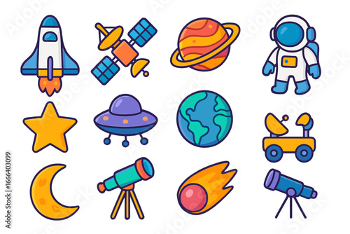 Cartoon space exploration icon set. Vector illustration collection of astronaut, rocket ship, planet, UFO, satellite, rover and telescope. Colorful astronomy galaxy elements.