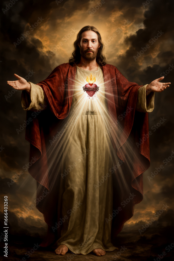 Naklejka premium Sacred Heart of Jesus: Christ’s Divine Love and Mercy Radiating Against the Glow of Darkened Clouds