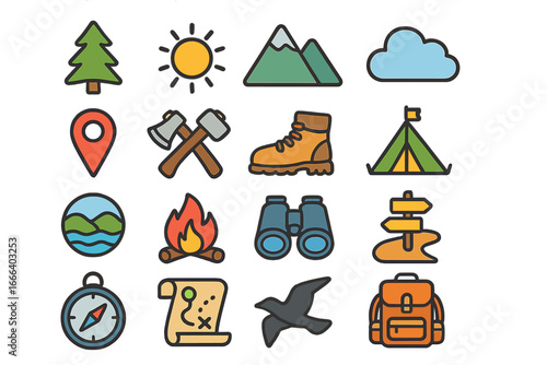Camping and hiking line icons set. Outdoor adventure and nature exploration symbols. Vector collection of travel elements: mountain, forest, campfire, tent, backpack, compass.