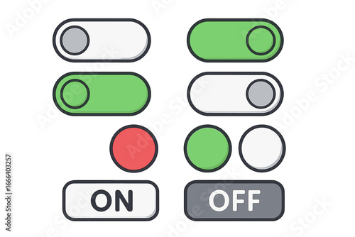Toggle switch and button icon set for user interface design. On and off sliders and buttons for web and mobile applications. Vector cartoon illustration for modern digital UI UX.