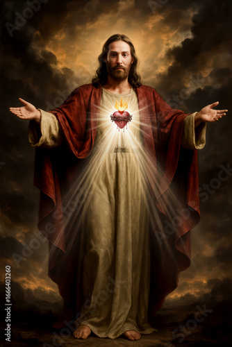 Sacred Heart of Jesus: Christ’s Divine Love and Mercy Radiating Against the Glow of Darkened Clouds