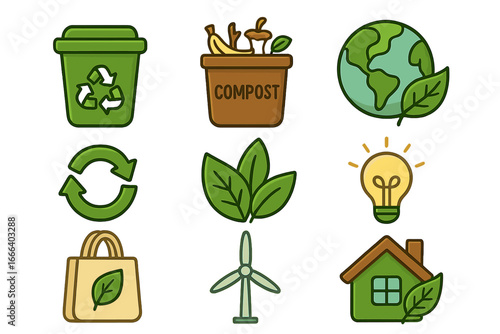 Eco-friendly icons collection. Sustainable living, recycling, composting symbols. Green energy, planet earth, zero waste & conservation concepts. Vector cartoon illustration set.