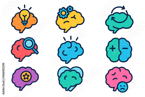 Brain icons set for mental health, psychology. Cognitive process, creative idea, thinking, logic, learning, emotional intelligence, depression, bipolar disorder vector symbols.