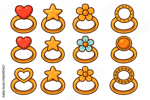 Cute cartoon ring icon set. Vector jewelry collection. Gold rings with heart, star, flower, gem. Princess treasure concept. Love symbol. Game asset, fantasy reward item.