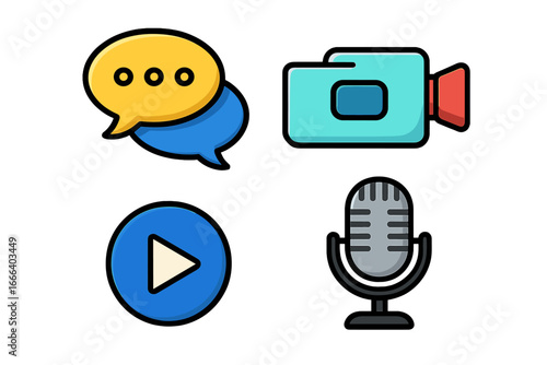 Communication tools icon set for online interaction. Vector flat design of speech bubble, video camera, play button, microphone for web, social media, app, podcasting, streaming.