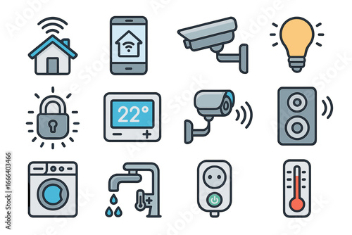 Smart home technology icon set. Vector collection of internet of things symbols. Home automation and control elements. Security camera, thermostat, smart lock and light icons.