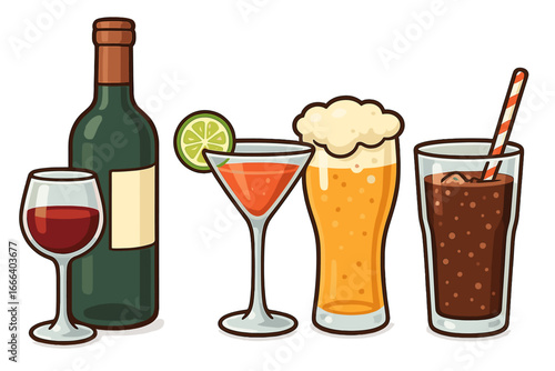 Vector drinks set with wine, beer, cocktail and soda. Bar menu illustration. Cartoon icons for party or celebration. Alcoholic and non-alcoholic beverages assortment.