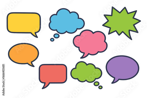 Set of colorful speech bubbles and thought clouds for communication concepts. Vector comic style chat box, message balloon, and quote icon collection for design projects.