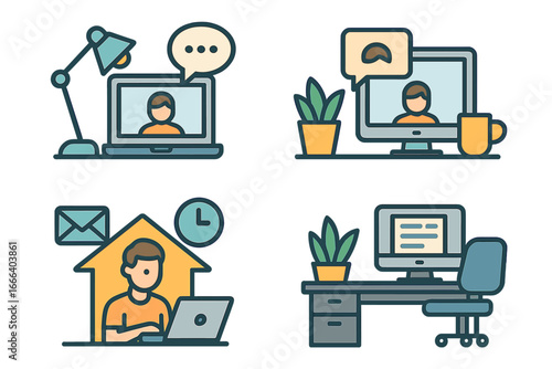 Remote work icon set. Home office, telecommuting, and freelance lifestyle concepts. Vector icons for online meetings, digital communication, and productivity. Workplace setup.