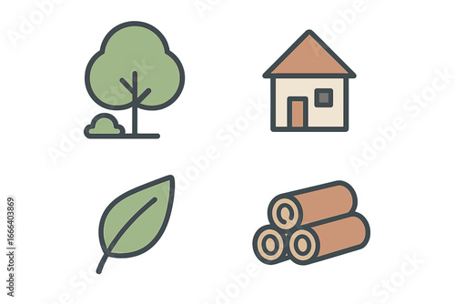 Eco-friendly housing and natural materials icon set. Vector symbols of tree, leaf, house, and wood. For ecology, forestry, construction, and sustainable living concepts.