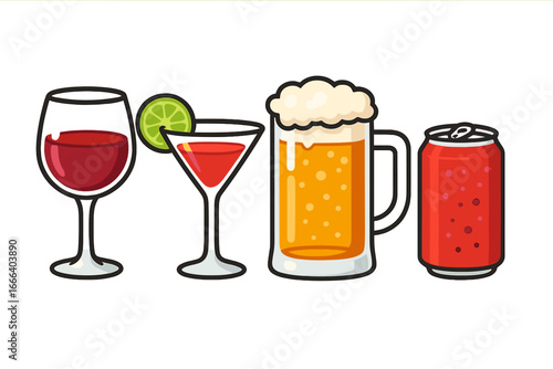 Set of various drinks vector icons. Cartoon illustration of red wine, cocktail with lime, beer mug, and soda can. Beverage collection isolated on white for bar or party menu.