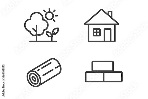 Building materials icon set. Natural resources for construction. House, wood log, brick, and tree icons. Eco-friendly building and sustainable housing concept. Outline vector icons.