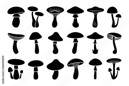 Black mushroom silhouettes in various shapes and sizes
