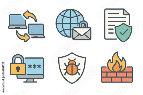 Cybersecurity icon set. Data protection and internet security concept. Firewall, antivirus, malware bug, secure password login, encrypted email, and data transfer symbols.