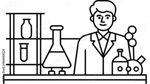 Scientist in lab coat with flasks and beakers on a shelf in a laboratory setting line art graphic
