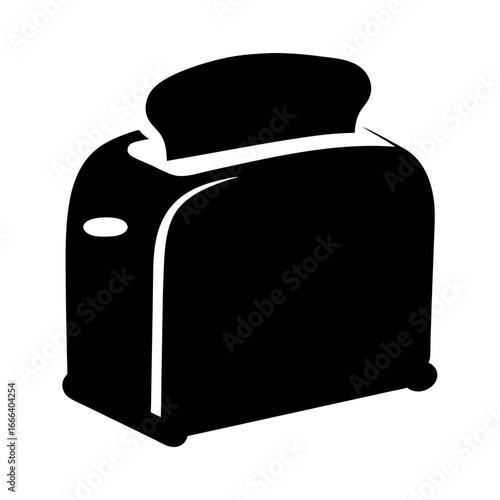 Stylized black and white illustration of a toaster with two slices of bread