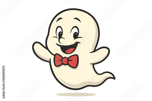 Cute cartoon ghost character with a bow tie and happy expression. Friendly phantom for Halloween. Spooky funny spirit mascot for kids. Vector illustration on isolated background.