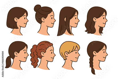 Women's hairstyles set. Collection of female heads in side profile with different haircuts and colors. Long, short, wavy hair, bob, bun, ponytail, braid. Vector illustration.