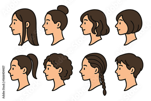 Collection of female hairstyles from side view. Set of woman heads with different hair styles like long, short, curly, braids, bun, and bob. Vector cartoon avatar profile icons.