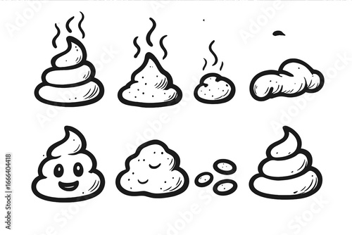 Cartoon poop doodle set. Funny feces, shit, and turd icons. Hand drawn vector sketch illustration collection with smiling emoji character, stinky steam, and cute pile.