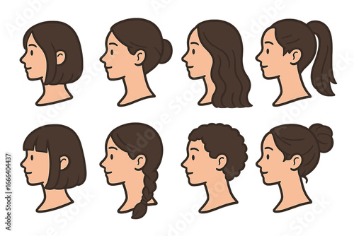 Set of female heads in profile with different hairstyles. Woman face collection. Long, short, curly hair, bun, ponytail, braid styles. Beauty salon vector cartoon character icon.