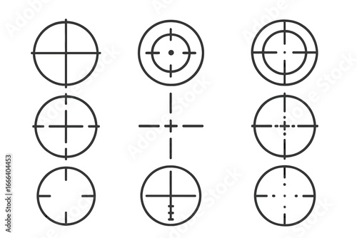 Crosshair vector icon set for targeting and aiming. Sniper scope and gun sight reticle collection. Military or hunter game interface element. Focus, accuracy, and goal concept.