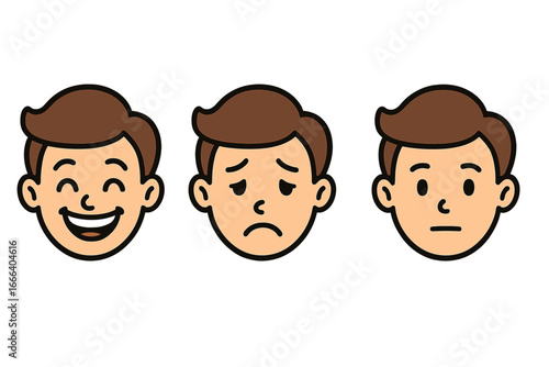 Set of cartoon boy face expressions showing happy, sad, and neutral emotions. Mood scale icon collection. Customer feedback concept. Simple vector character head for avatar design.