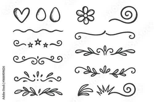 Hand-drawn doodle sketch element set. Collection of decorative dividers, borders, flourishes, ornaments. Heart, flower, stars. Vector graphic design for text decoration.