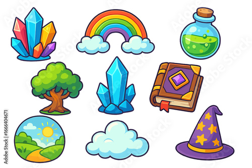 Fantasy game icon set with magic elements. Cartoon vector collection with crystal, rainbow, potion, spellbook, and wizard hat. Cute vibrant assets for fairytale or RPG.