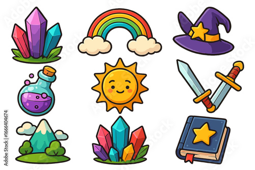 Fantasy game icon set with cute magic elements. Cartoon vector assets including crystal, rainbow, wizard hat, potion, sword, and spellbook for adventure RPG or stickers.