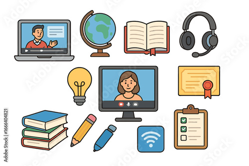 Online education icon set. E-learning, distance learning, and webinar concept. Digital classroom with teacher, student, laptop, books. Educational technology vector icons.