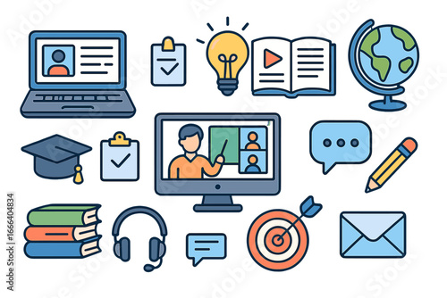 E-learning icon set for online education and distance learning. Digital teaching resources, webinar, and virtual classroom tools. Knowledge and study concept vector collection.