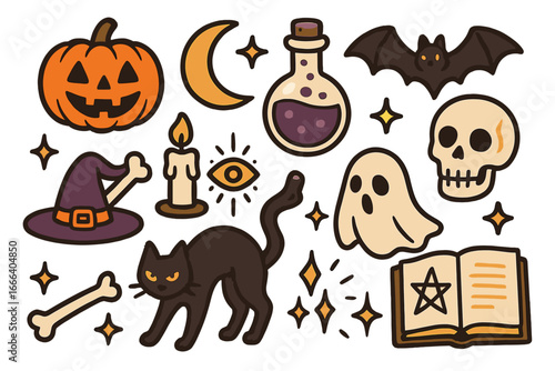 Set of Halloween doodle icons. Spooky ghost, witch hat, black cat, skull, pumpkin, potion, spellbook. Cute cartoon magic witchcraft symbols for stickers, decor. Vector.