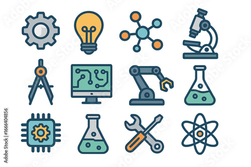 Engineering and science icon set in flat design. Vector cartoon illustration of technology, innovation, research tools. Atom, molecule, microscope, circuit, robot arm.
