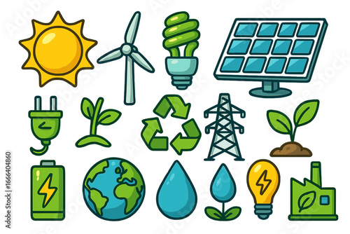 Energy icons set. Symbols of renewable energy, sustainability, and green power. Ecology concept. Vector cartoon illustration with sun, wind turbine, solar panel, and earth.
