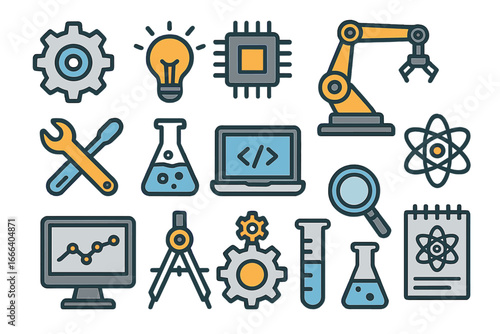 Set of engineering and science icons for technology and innovation. Flat design vector symbols of research, automation, programming, laboratory and development tools.