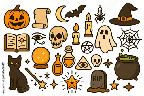 Halloween icons set. Spooky collection with pumpkin, ghost, skull, cat, bat, witch hat, cauldron, potion, spell book, crystal ball. Cute magic witchcraft vector symbols.