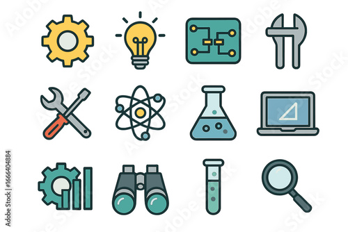 Engineering and science icons. Technology and innovation symbols. Research tools for chemistry, physics, data analysis. Vector flat design set with gear, atom, lab flask.